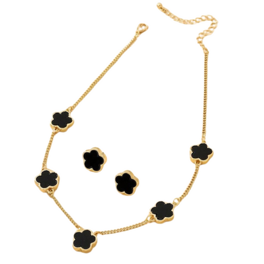 Clover Necklace and clover Earrings set-black